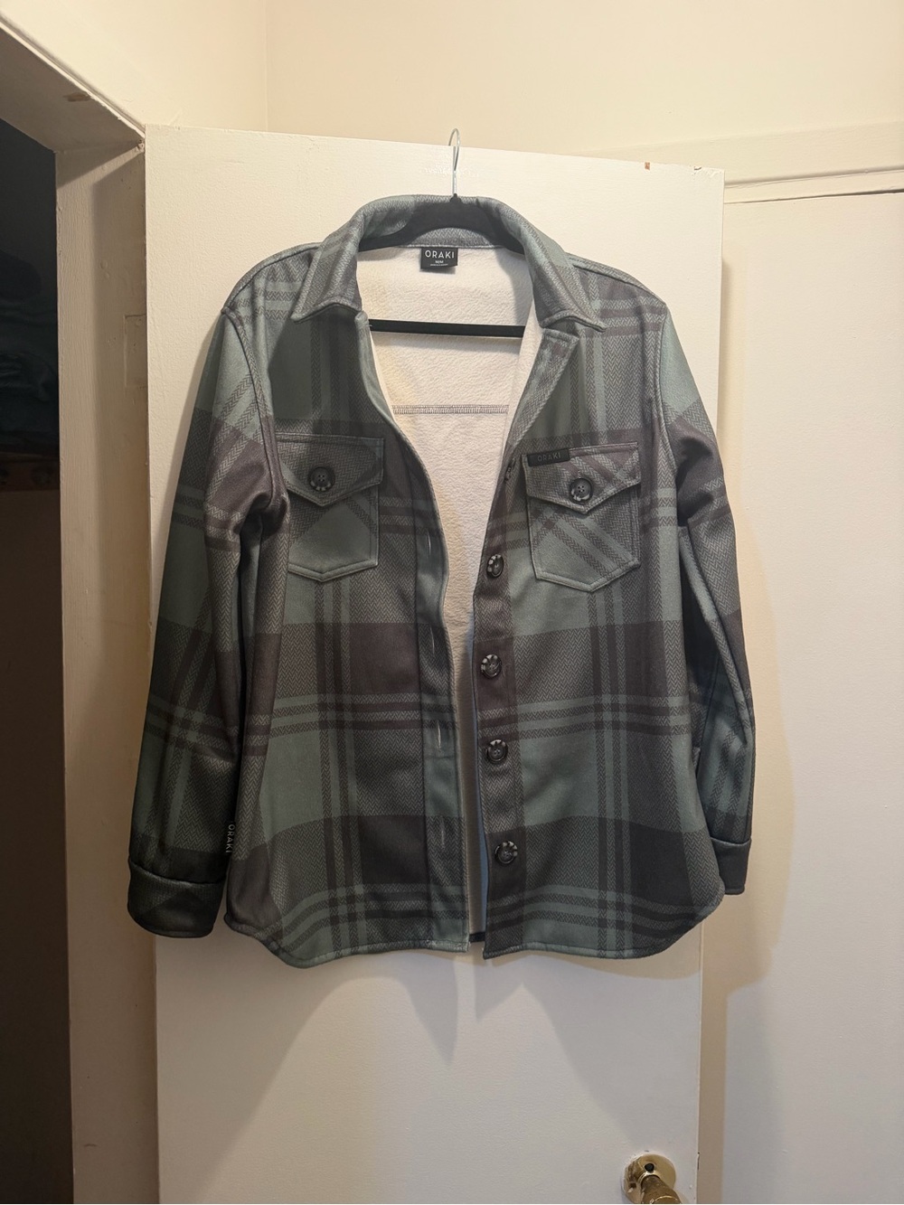 Oraki Quilted Plaid Button-Front Shacket in Green and Gray